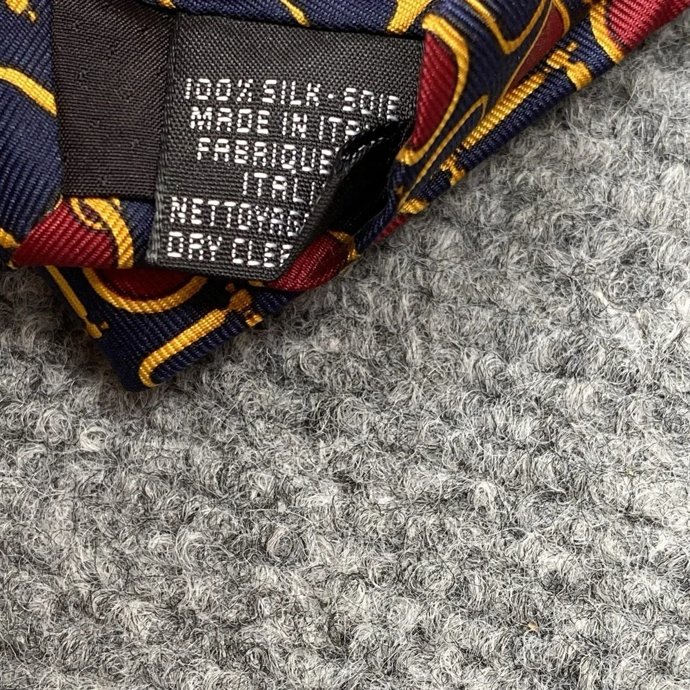 Paolo Gucci Silk Necktie Navy Red Gold Equestrian Horse Bit Geometric Classic